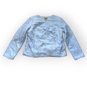 Satin Sequin Jacket Coat Women's Size 14 White Embroidery and Gold Sequins